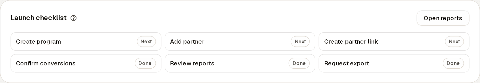 The Launch checklist panel on the Partners overview, with six steps — Create program, Add partner, Create partner link, Confirm conversions, Review reports, and Request export — each marked Next or Done, and an Open reports button