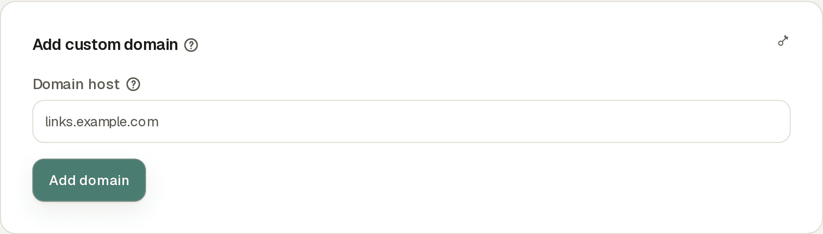 The Add custom domain card in organization settings with links.example.com entered in the Domain host field