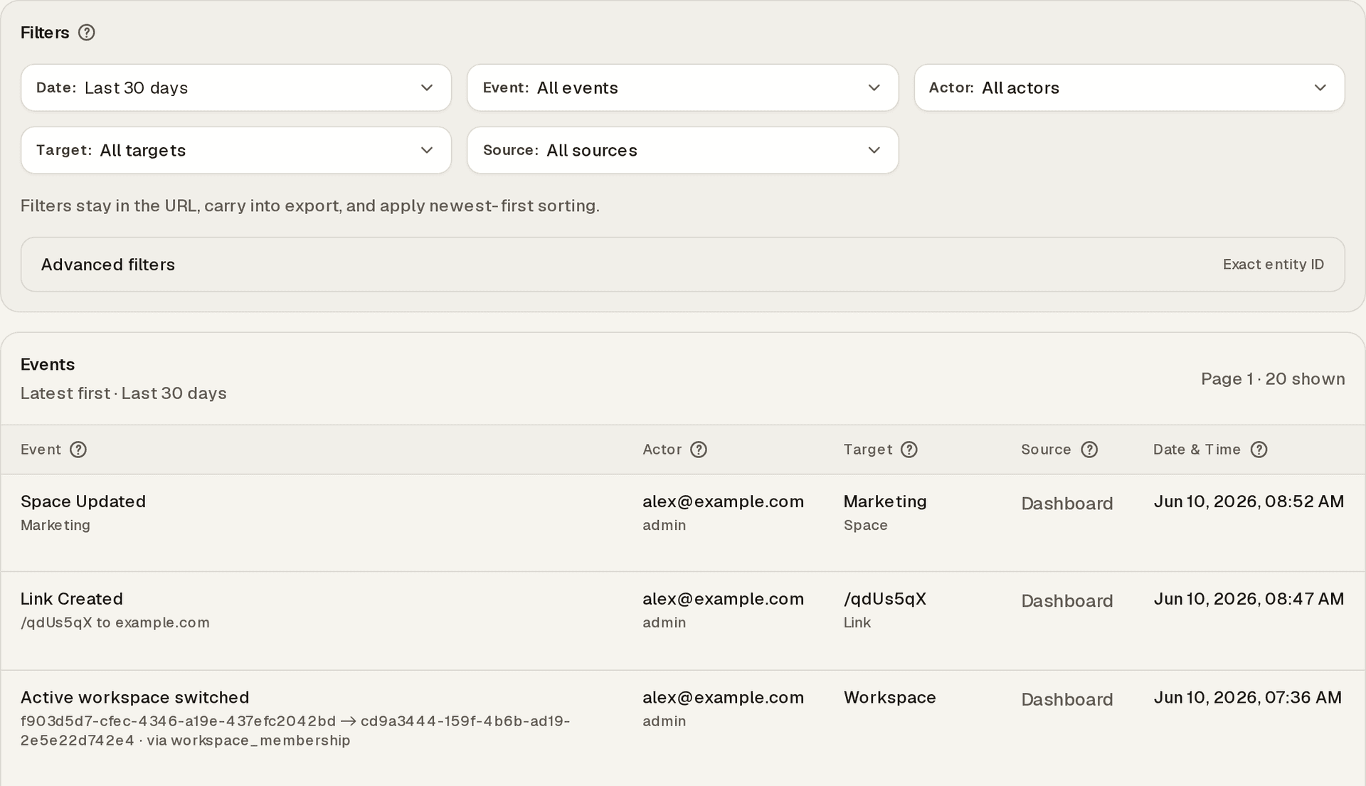 The workspace audit log view: a Filters panel with Date, Event, Actor, Target, and Source dropdowns plus an advanced exact-entity-ID filter, above an Events table listing entries with event name and summary, actor email and role, target, source, and date and time