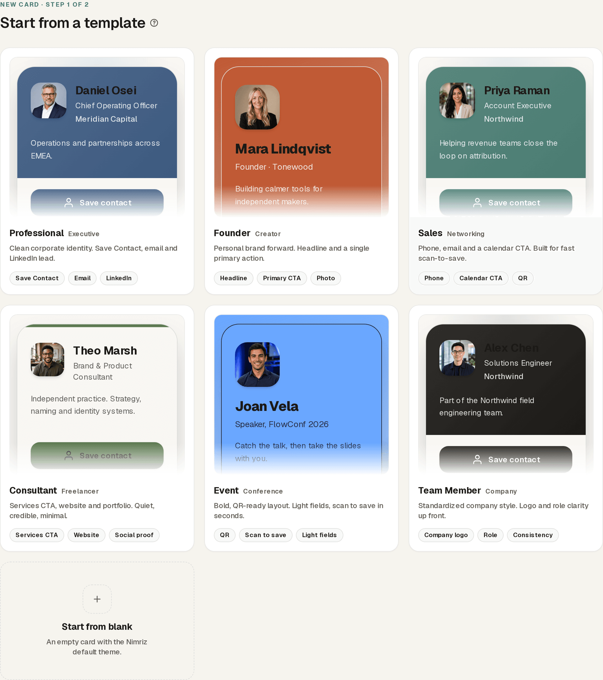 The card builder's starting-point step showing six starter templates - Professional, Founder, Sales, Consultant, Event, and Team Member - each with a styled preview card, plus a Start from blank option
