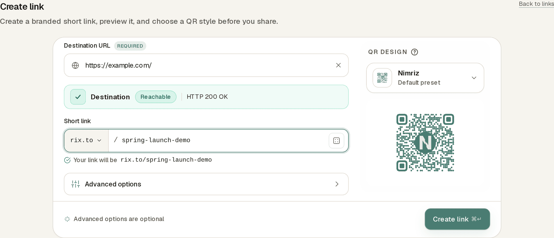 The Create link builder with a destination URL filled in, the rix.to domain selected, a custom slug entered, and a live QR design preview on the right