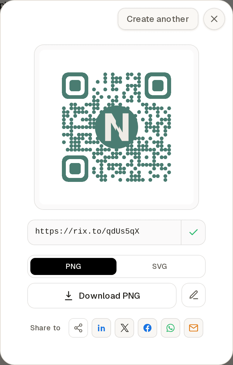 The success dialog after creating a link, showing the generated short URL, a branded QR code, PNG and SVG download options, and share buttons