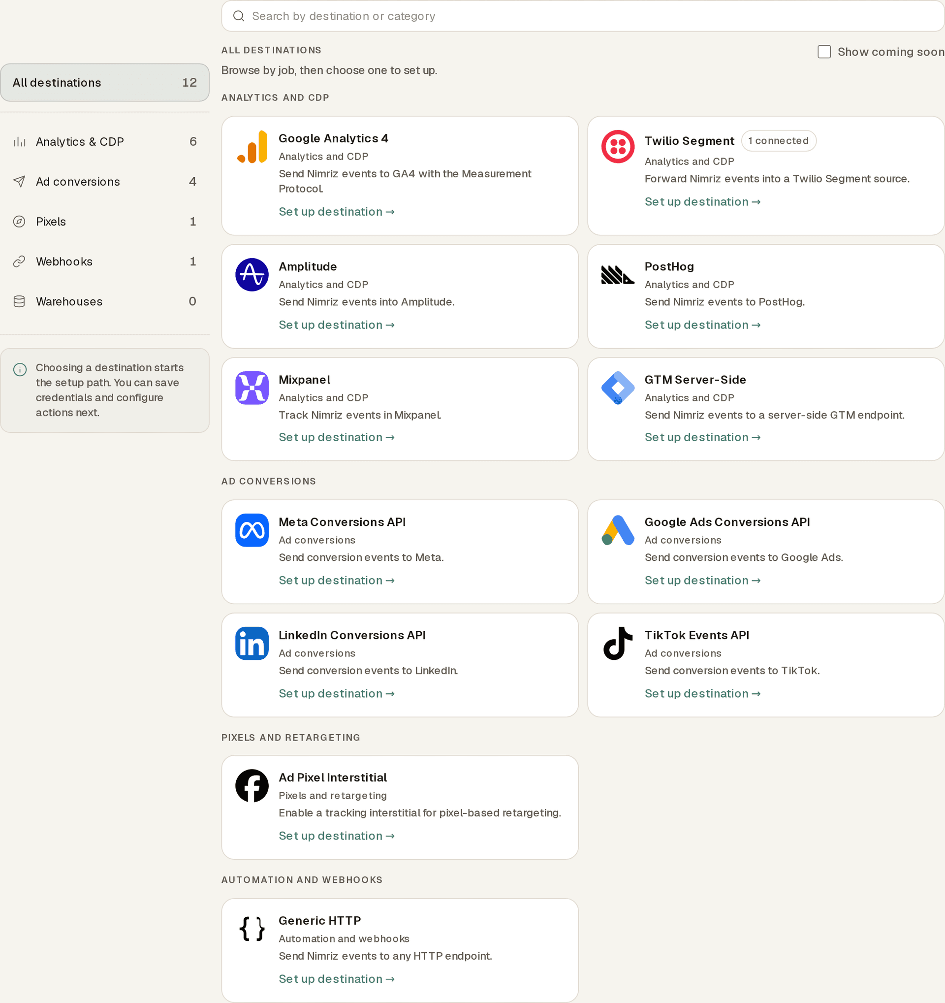 The destination catalog with a category sidebar (Analytics & CDP, Ad conversions, Pixels, Webhooks, Warehouses) and destination cards grouped by category, each with a Set up destination link