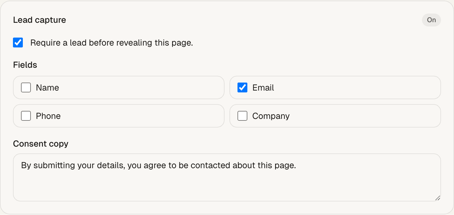 The Lead capture panel in the hosted page editor with the gate enabled, field checkboxes for name, email, phone, and company, and consent copy text.
