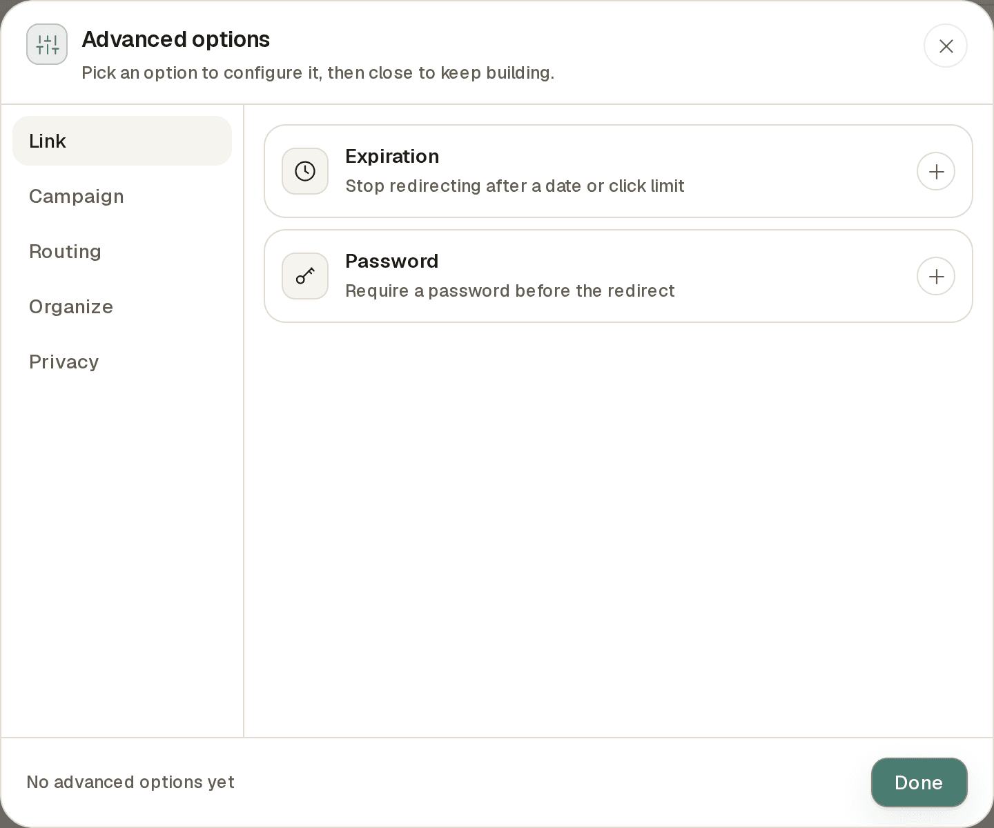 The Advanced options panel of the link builder showing Expiration and Password options in the Link group, with Campaign, Routing, Organize, and Privacy groups alongside