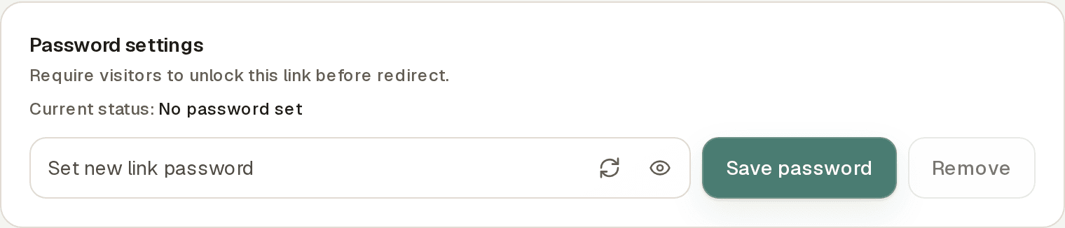 The Password settings panel on a link's Advanced options section, showing the current status (No password set), a password field with generate and reveal controls, and Save password and Remove buttons