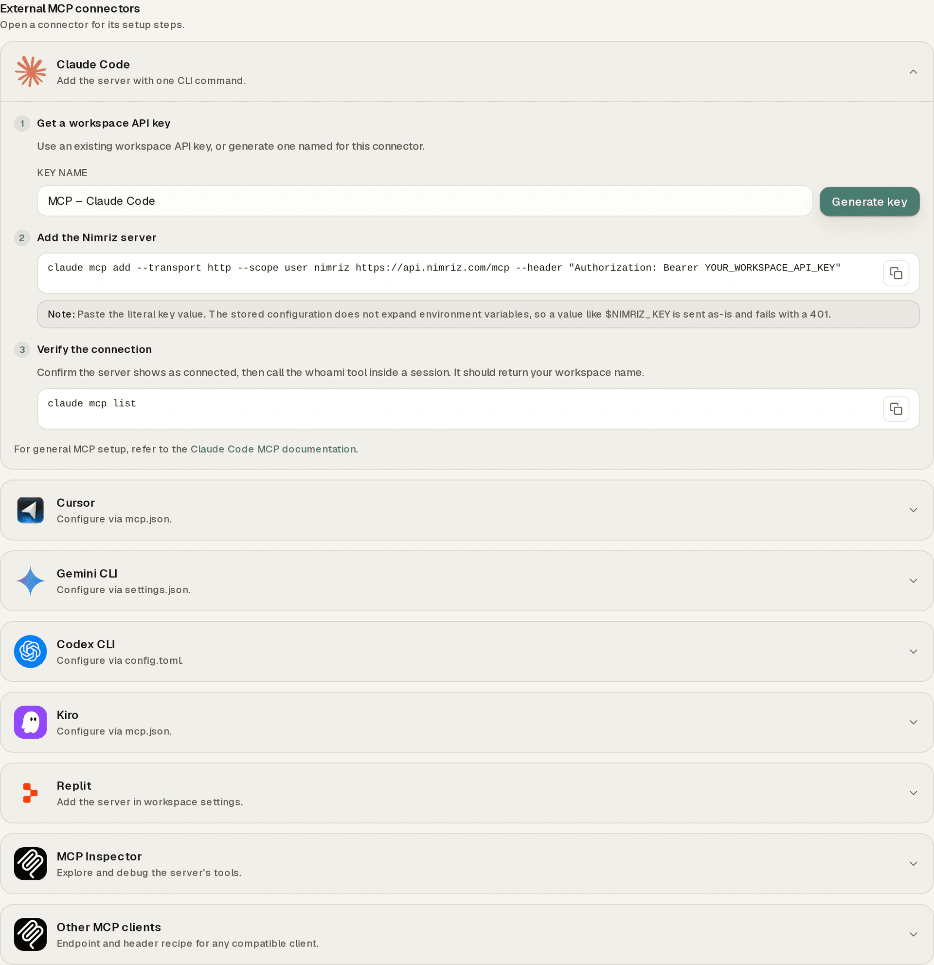 The External MCP connectors panel on the MCP server setup page, with the Claude Code connector expanded to show its three setup steps: get a workspace API key with inline key generation, add the Nimriz server with a copyable CLI command, and verify the connection
