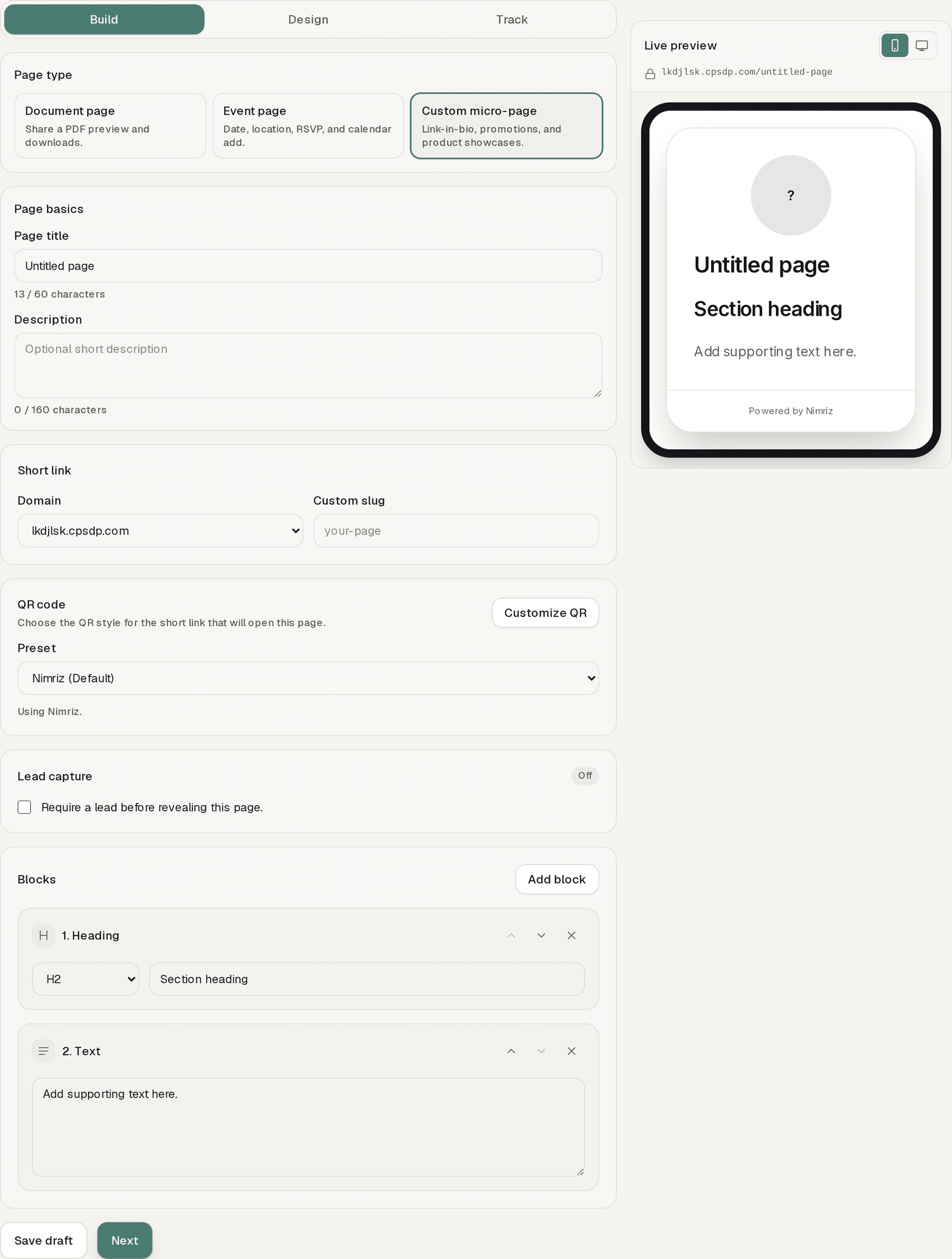 The page editor's Build tab with Build, Design, and Track tabs at the top, page type tiles, page title and description fields with character counters, short link domain and custom slug fields, QR preset selection, a lead capture toggle, a blocks list with Add block, and a live phone preview on the right