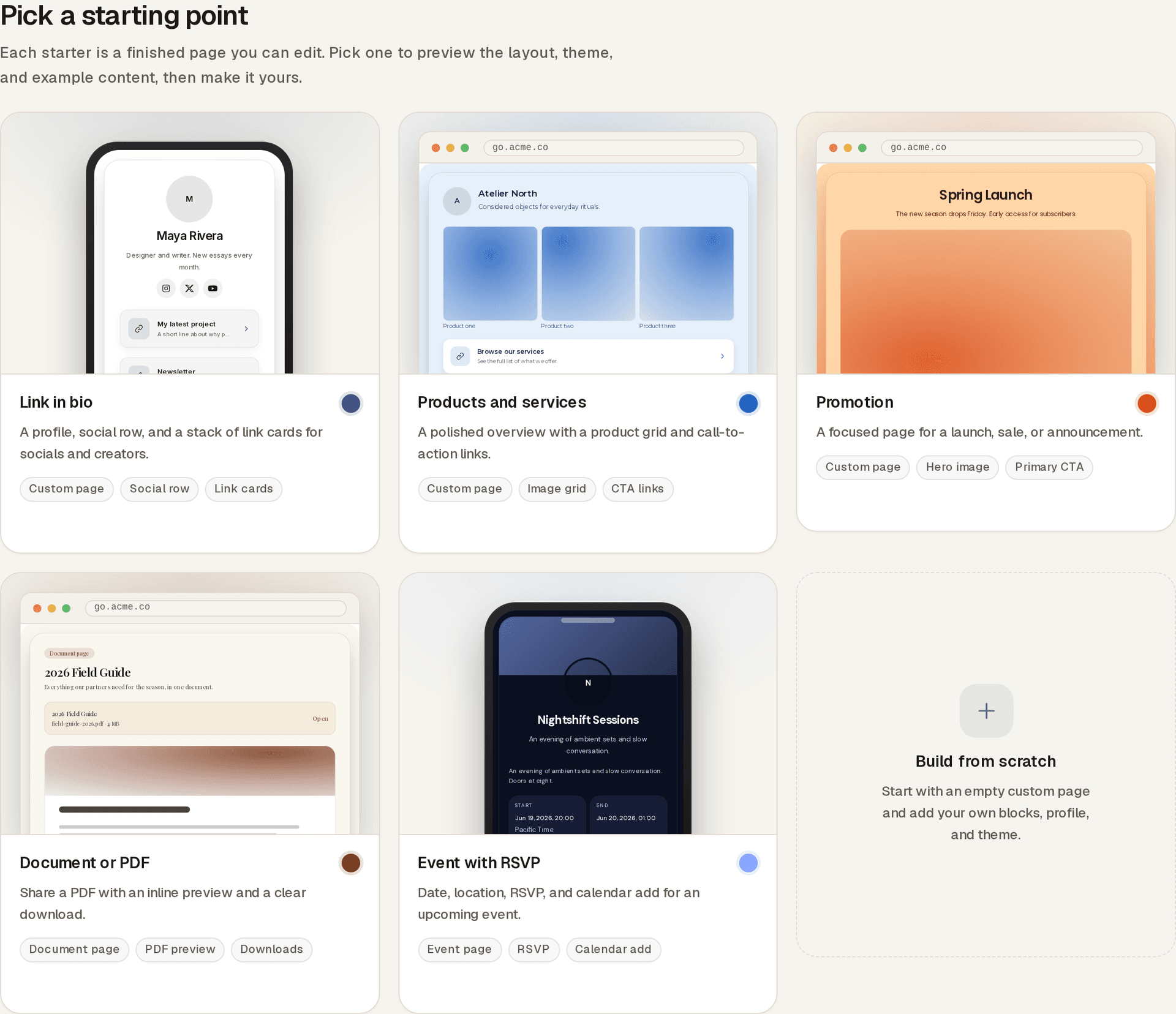 The Pick a starting point picker with five starter cards — Link in bio, Products and services, Promotion, Document or PDF, and Event with RSVP — each showing a live preview of the finished page, plus a Build from scratch tile