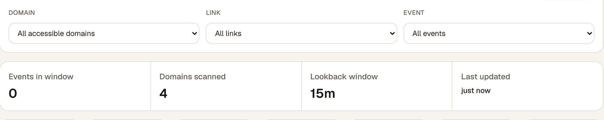 Realtime view filters for domain, link, and event type with the live KPI strip showing events in the selected window