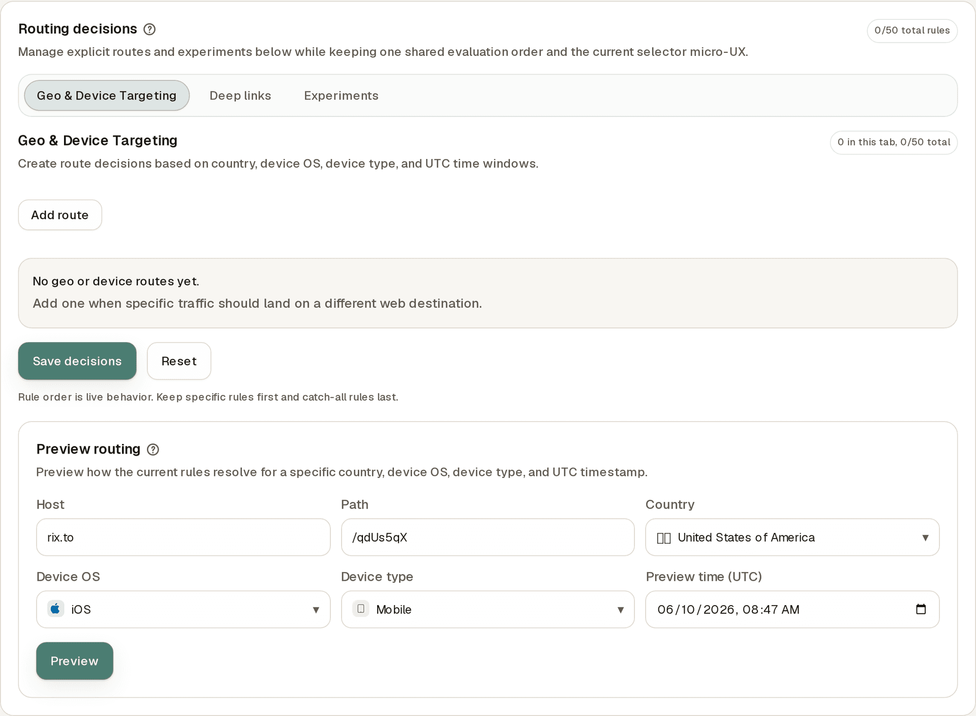 The Routing decisions panel on a link's Routing Rules tab, with mode tabs for Geo & Device Targeting, Deep links, and Experiments, an Add route button, Save decisions and Reset actions, and a Preview routing simulator below with host, path, country, device OS, device type, and UTC time fields