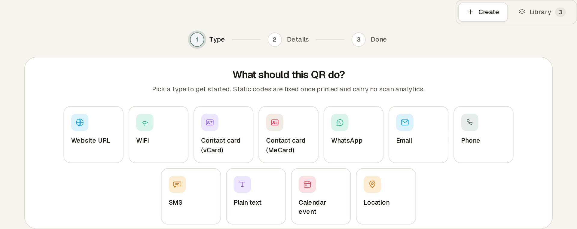 The Static QR create wizard on its Type step, asking What should this QR do? with a grid of type tiles: Website URL, WiFi, Contact card (vCard), Contact card (MeCard), WhatsApp, Email, Phone, SMS, Plain text, Calendar event, and Location