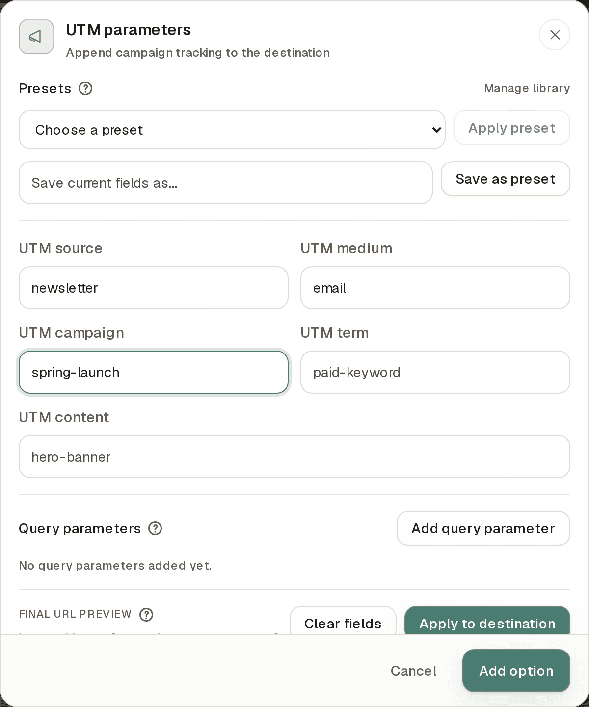 The UTM parameters dialog in the link builder, with a Presets row (preset dropdown, Apply preset, and Save as preset controls), the five standard UTM fields, a Query parameters section, and a final URL preview