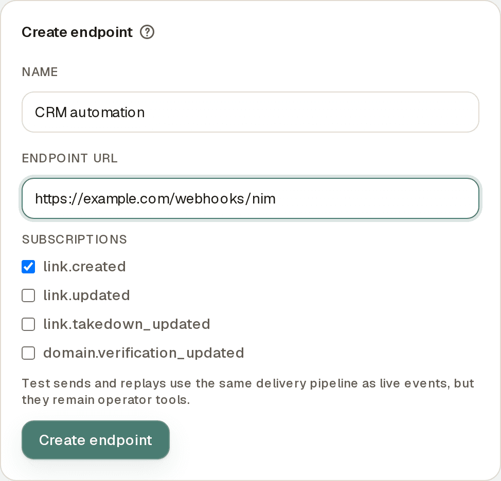 The Create endpoint panel with a name field, endpoint URL field, subscription checkboxes for the four lifecycle event types, and a Create endpoint button