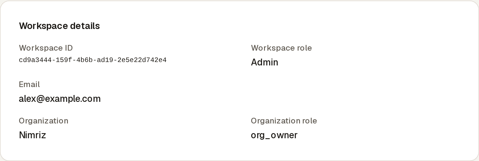 The Workspace details card in workspace settings showing the workspace ID as a UUID, the signed-in user's workspace role, their email, and the organization name and organization role